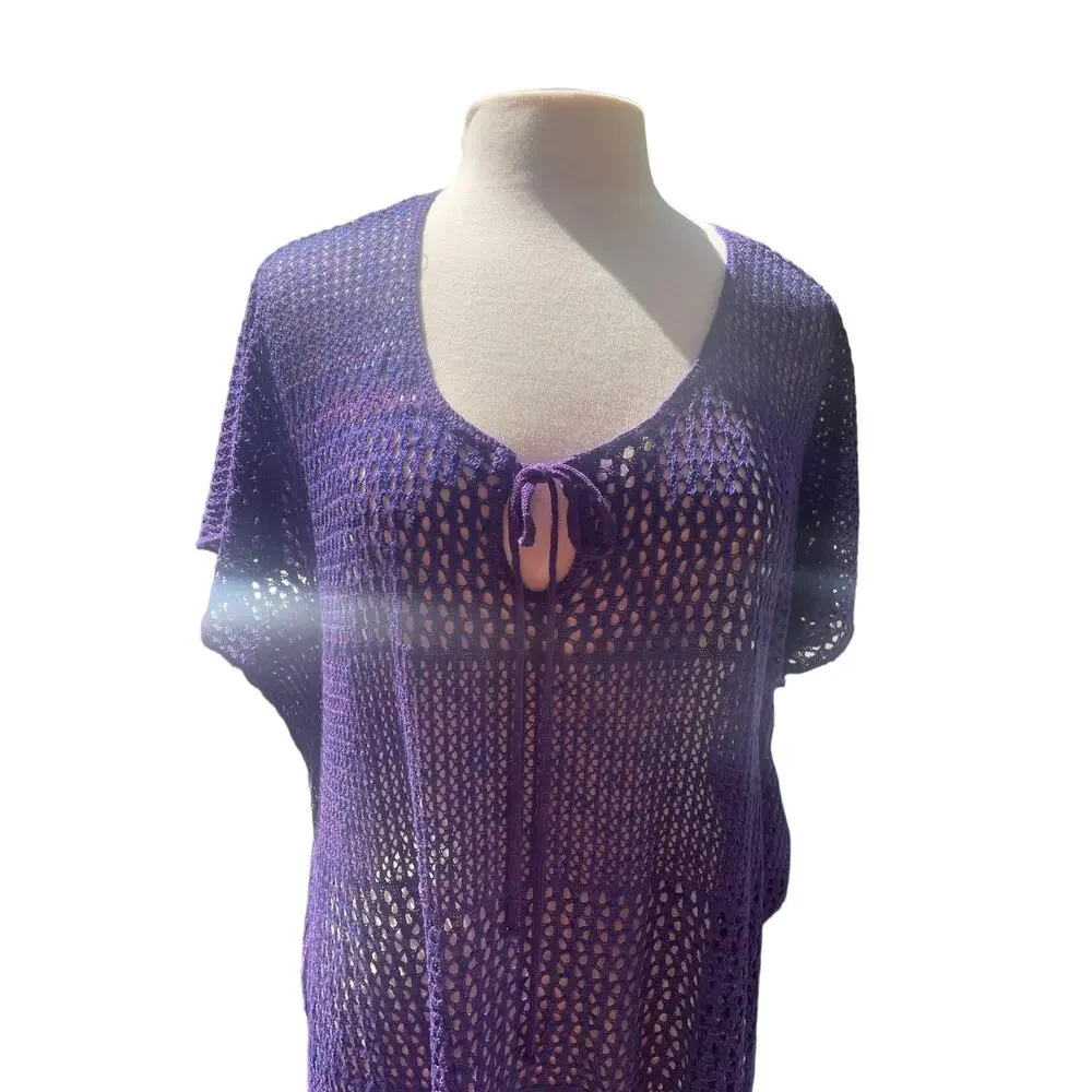 Venus Open Crochet Knit Purple S/M Swim Cover Up Tie Neck Open Sides Beachy Pool